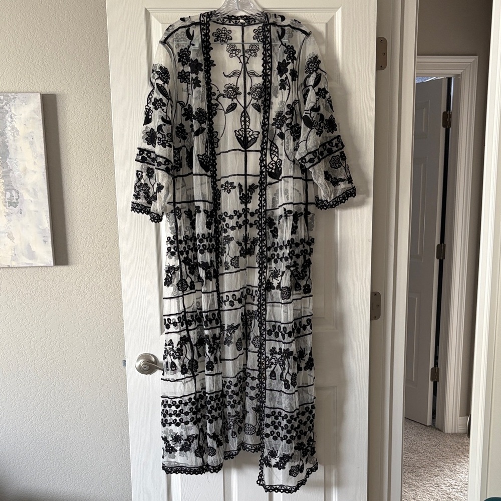 White & Black Embroidered Long Sheer Duster